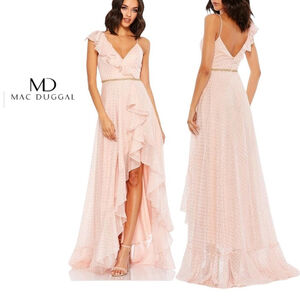 MAC DUGGAL Pink Salmon Polka Dot Asymmetrical Ruffle Formal Maxi Gown Size 8